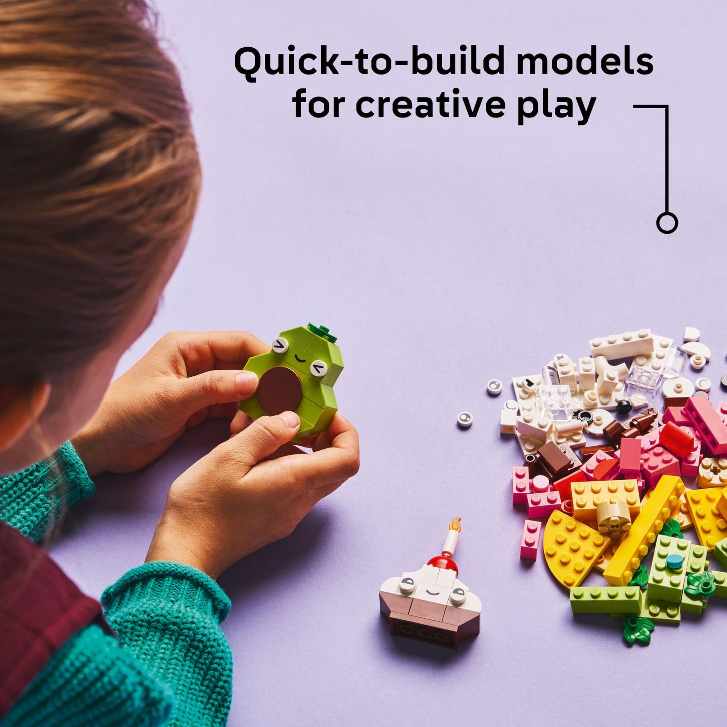 LEGO Classic Creative Food Friends Playset with assorted bricks to build a cupcake, ice cream, avocado, and taco.