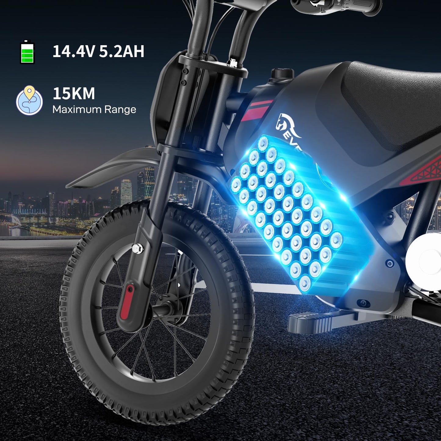 EVERCROSS EV05M electric kids motorcycle with 12-inch wheels, 150W motor, adjustable speed modes, suitable for children aged 3-12.