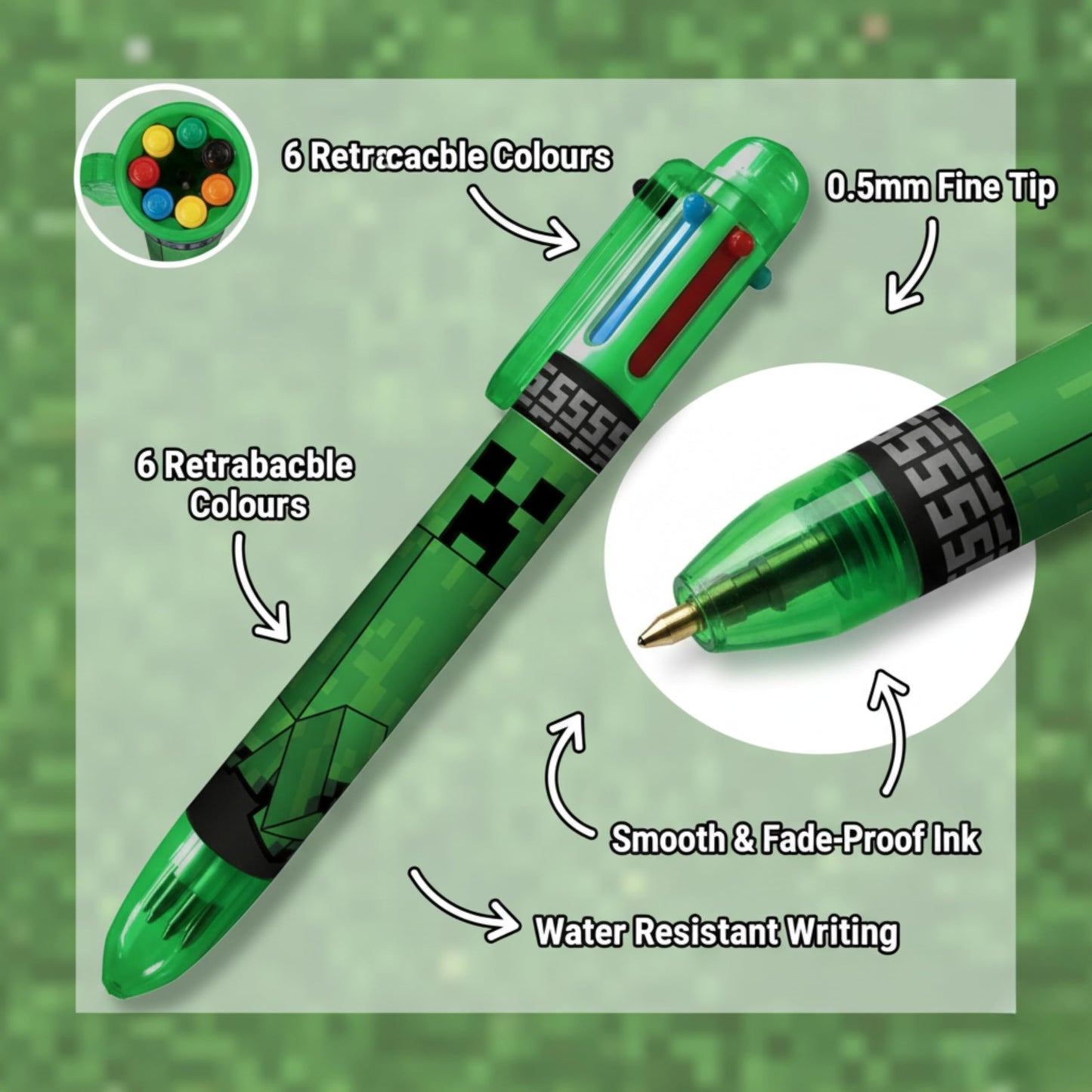 SRVertex Minecraft Multicoloured Pen - 6-in-1 Retractable Ballpoint Pens Rainbow Barrel Novelty Pens Kids Office School Supplies, Students Pen Children Gift 3+ Years