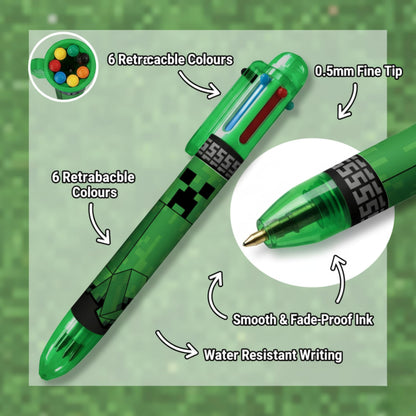 SRVertex Minecraft Multicoloured Pen - 6-in-1 Retractable Ballpoint Pens Rainbow Barrel Novelty Pens Kids Office School Supplies, Students Pen Children Gift 3+ Years
