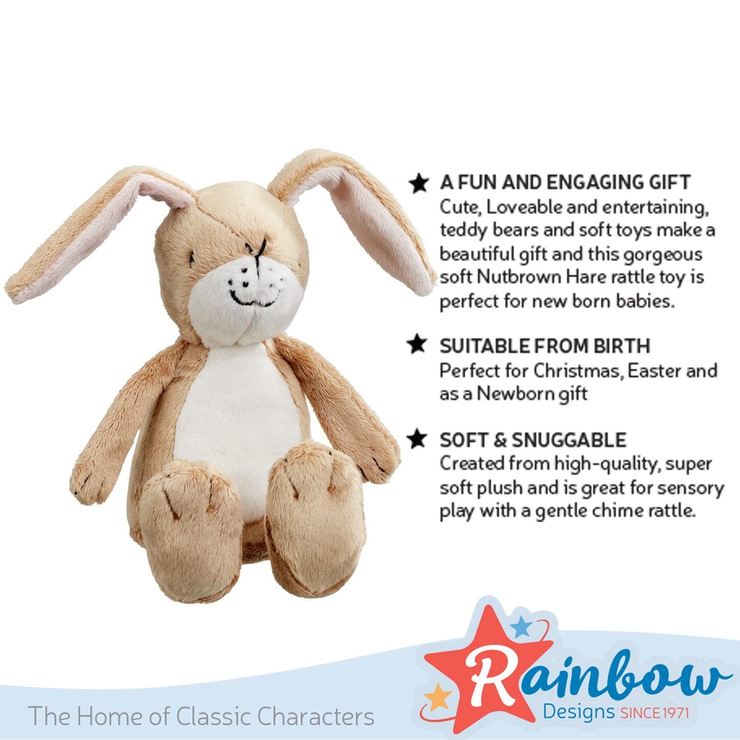 Rainbow Designs Little Nutbrown Hare Rattle Toy – Infant Sensory Toys | Soft Plush Baby Rattle for Newborns