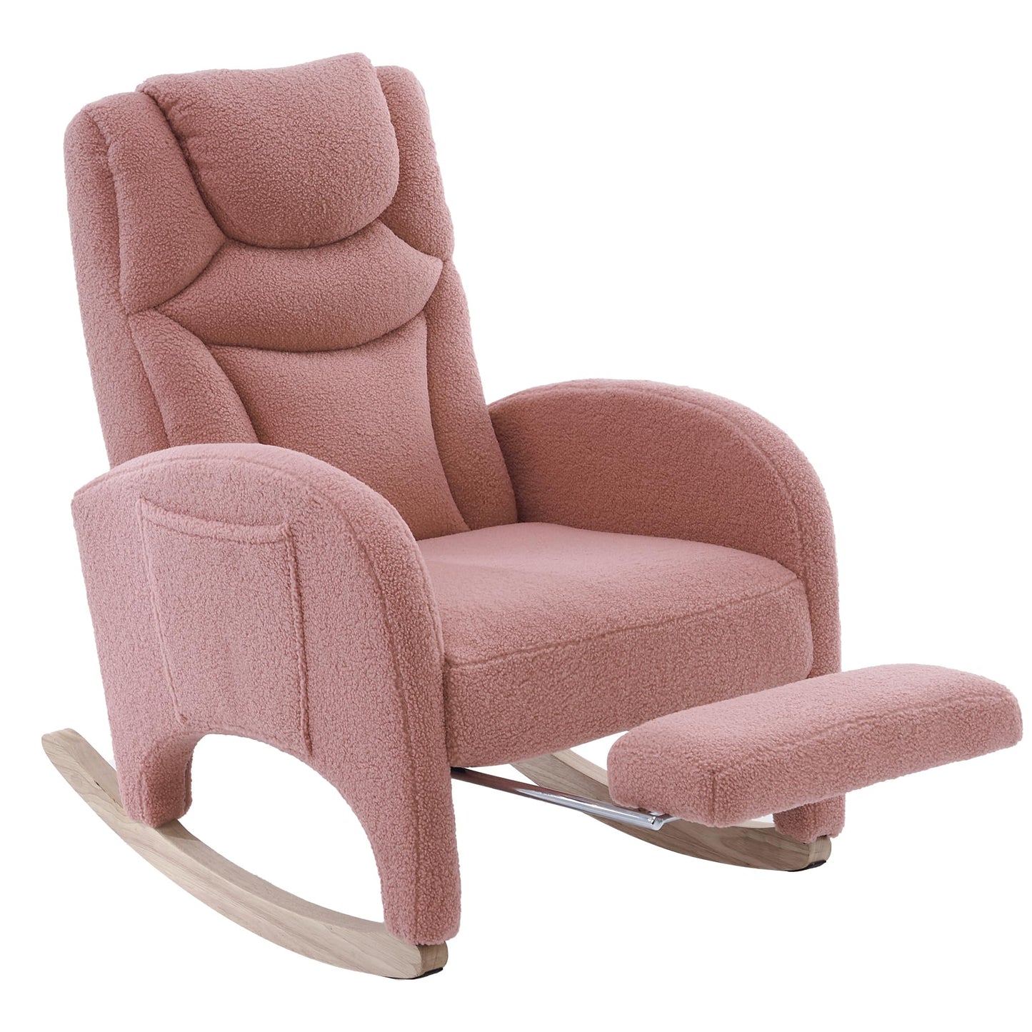 Pink DEKKETO teddy rocking chair with headrest, footrest, side pocket, ideal for nursing or relaxing in nursery or adult spaces.