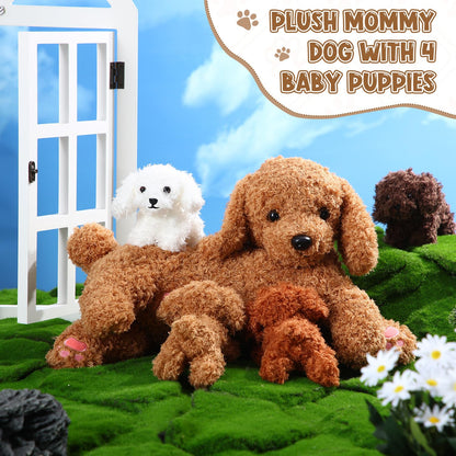 Honoson Nurturing Dog Mommy Plush Set With 4 Baby Puppies - Soft Cute Themed Stuffed Toys for Kids, Girls, Boys - Easter Birthday Gifts (Curly Dog)