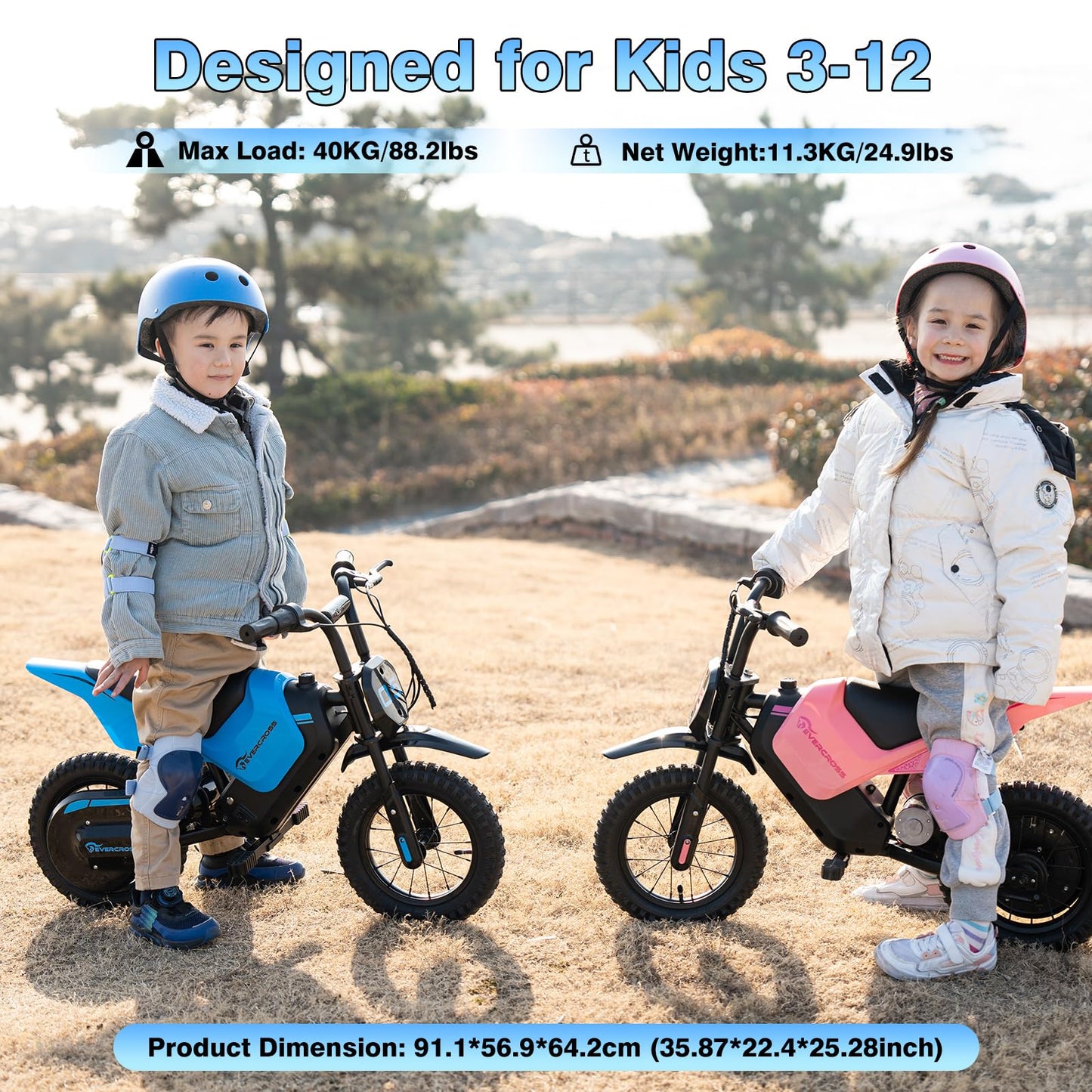 EverCROSS EV05M electric kids motorcycle with 12-inch tires, 150W motor, multiple speed modes, ideal for children aged 3-12.