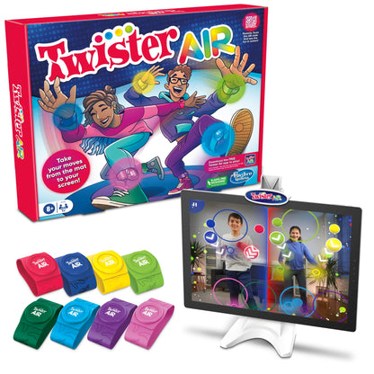Hasbro Gaming Twister Air Party Game Includes 4 Twister Air Wrist Bands, 4 Twister Air Ankle Bands, Device Stand with clip, base, and post, and Game Rules For Ages 8+ Years