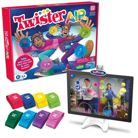 Hasbro Gaming Twister Air Party Game Includes 4 Twister Air Wrist Bands, 4 Twister Air Ankle Bands, Device Stand with clip, base, and post, and Game Rules For Ages 8+ Years