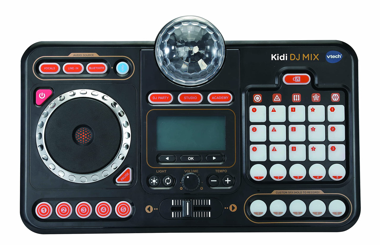 VTech Kidi DJ Mix toy DJ mixer for kids in black featuring lights, effects, 15 tracks, and multiple music styles.