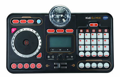 VTech Kidi DJ Mix toy DJ mixer for kids in black featuring lights, effects, 15 tracks, and multiple music styles.