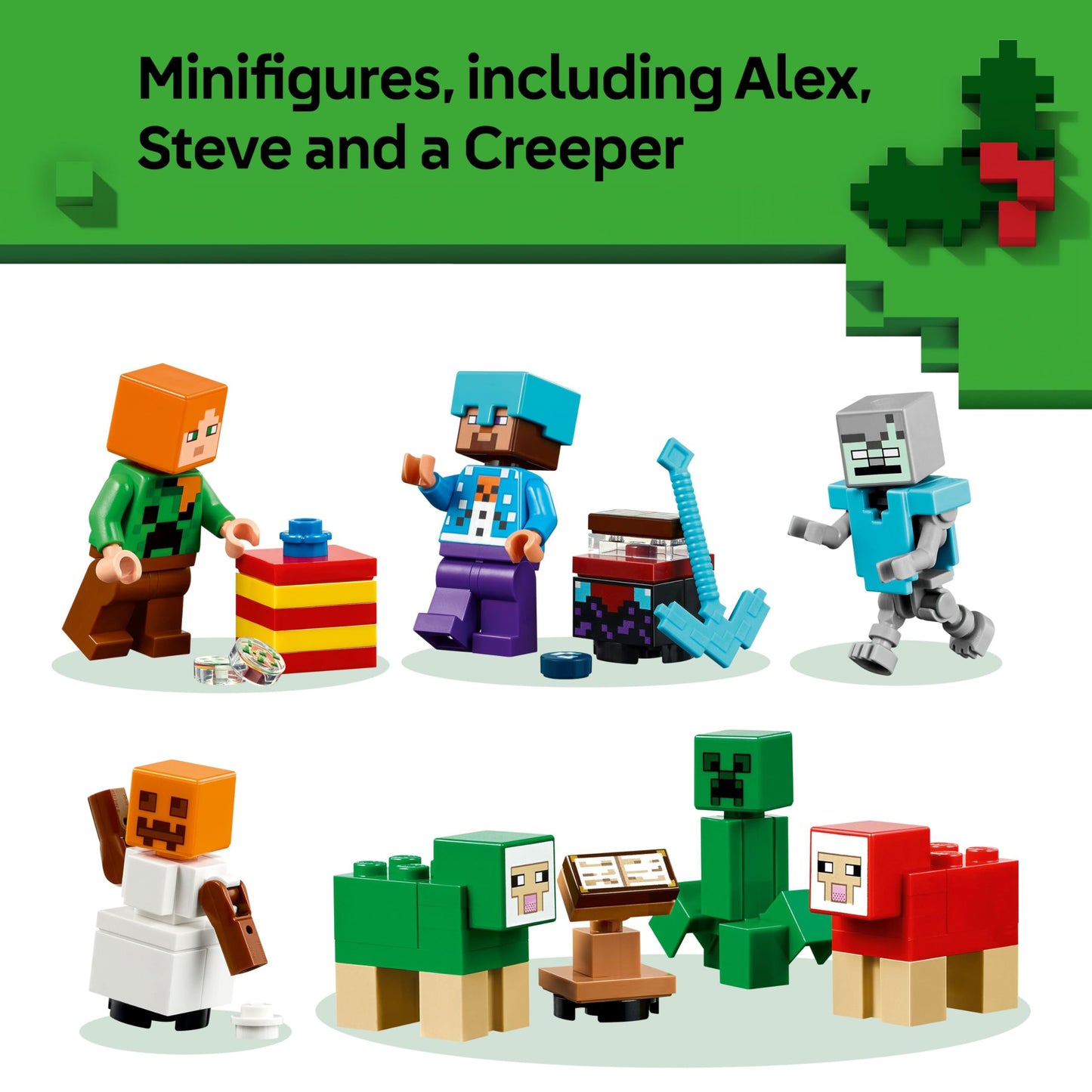 LEGO Minecraft Advent Calendar 2025 with minifigures and mini builds, designed for kids aged 7 and up.