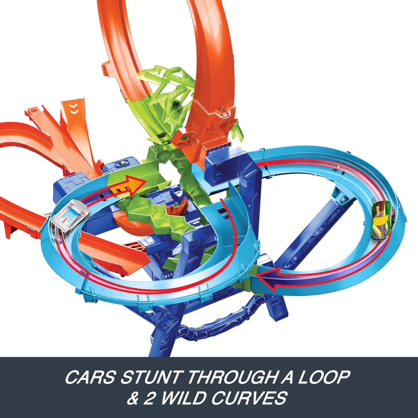 Hot Wheels stunt track set featuring a mid-air crash and motorized booster with a 1:64 scale die-cast toy car.