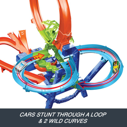 Hot Wheels stunt track set featuring a mid-air crash and motorized booster with a 1:64 scale die-cast toy car.