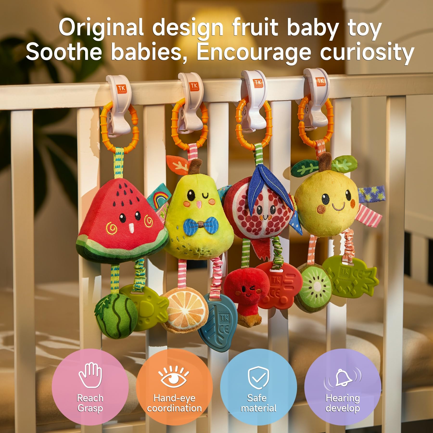 TUMAMA KIDS baby pram hanging rattle toys with squeaky sound, plush lemon teether, for newborns and infants in car seats and strollers