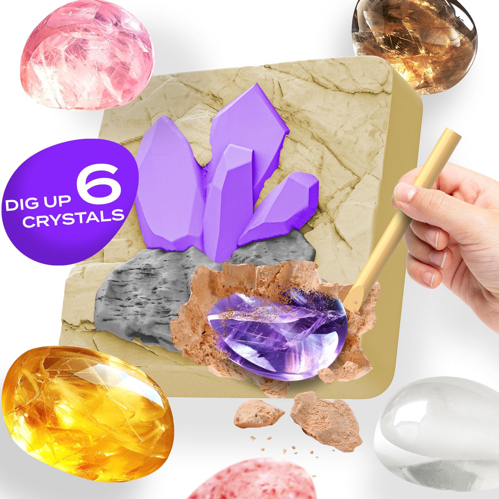 EggBox Gemstone Dig Kit with six real gemstones, crystals, night light, and tools for kids ages 3+ to explore and display.