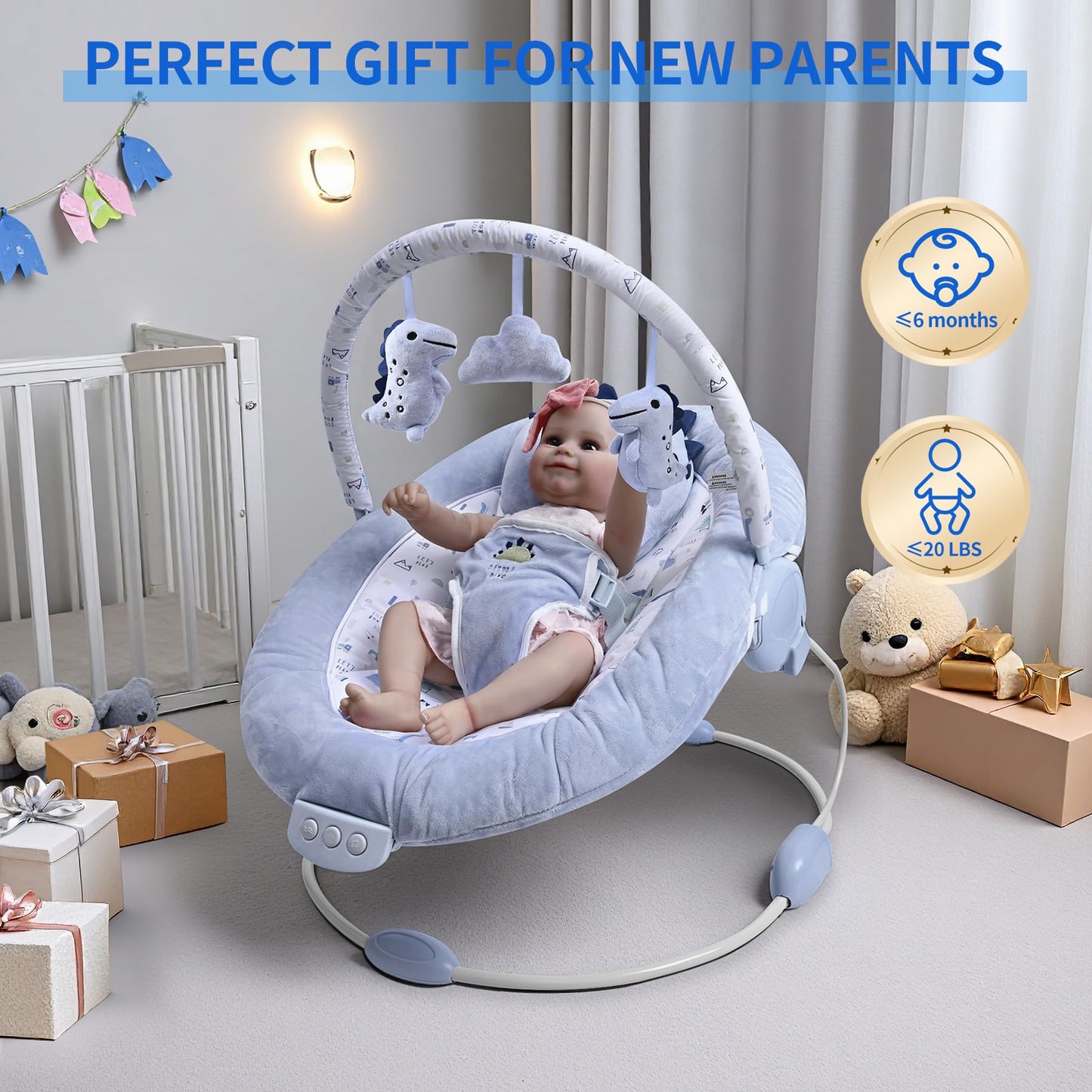 LADIDA soft light blue baby bouncer with removable toy bar, soothing vibrations, music, and three toys for newborns.