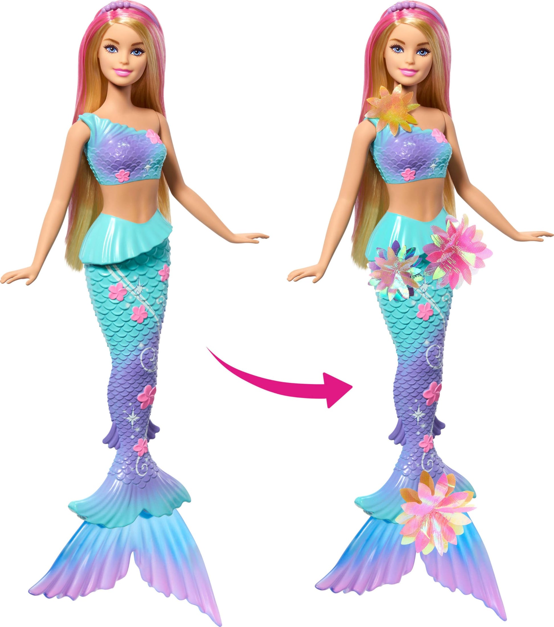 Barbie Mermaid Toy Doll with long blonde hair, pink highlights, pearl headband, ombre tail, and surprise magic blooming flowers feature.