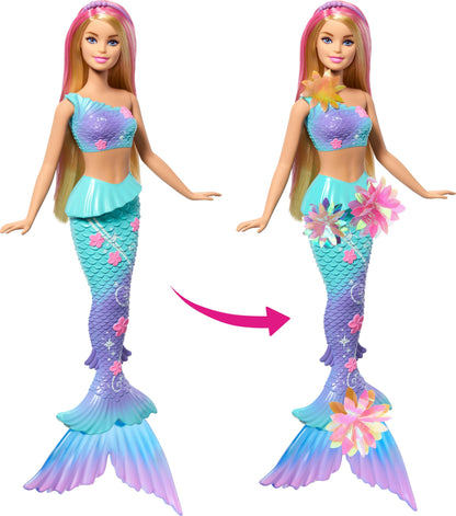 Barbie Mermaid Toy Doll with long blonde hair, pink highlights, pearl headband, ombre tail, and surprise magic blooming flowers feature.