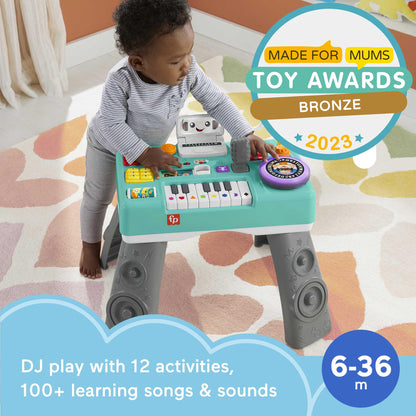 Fisher-Price Laugh & Learn Mix & Learn DJ Activity Table for babies and toddlers with lights, sounds, and musical features.