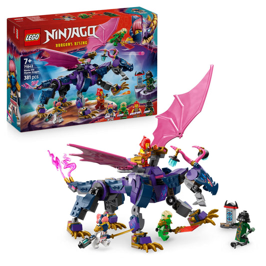 LEGO NINJAGO Rontu the Master Dragon toy with posable features and stud shooters, includes Lloyd, Sora, and Wyldfyre minifigures.