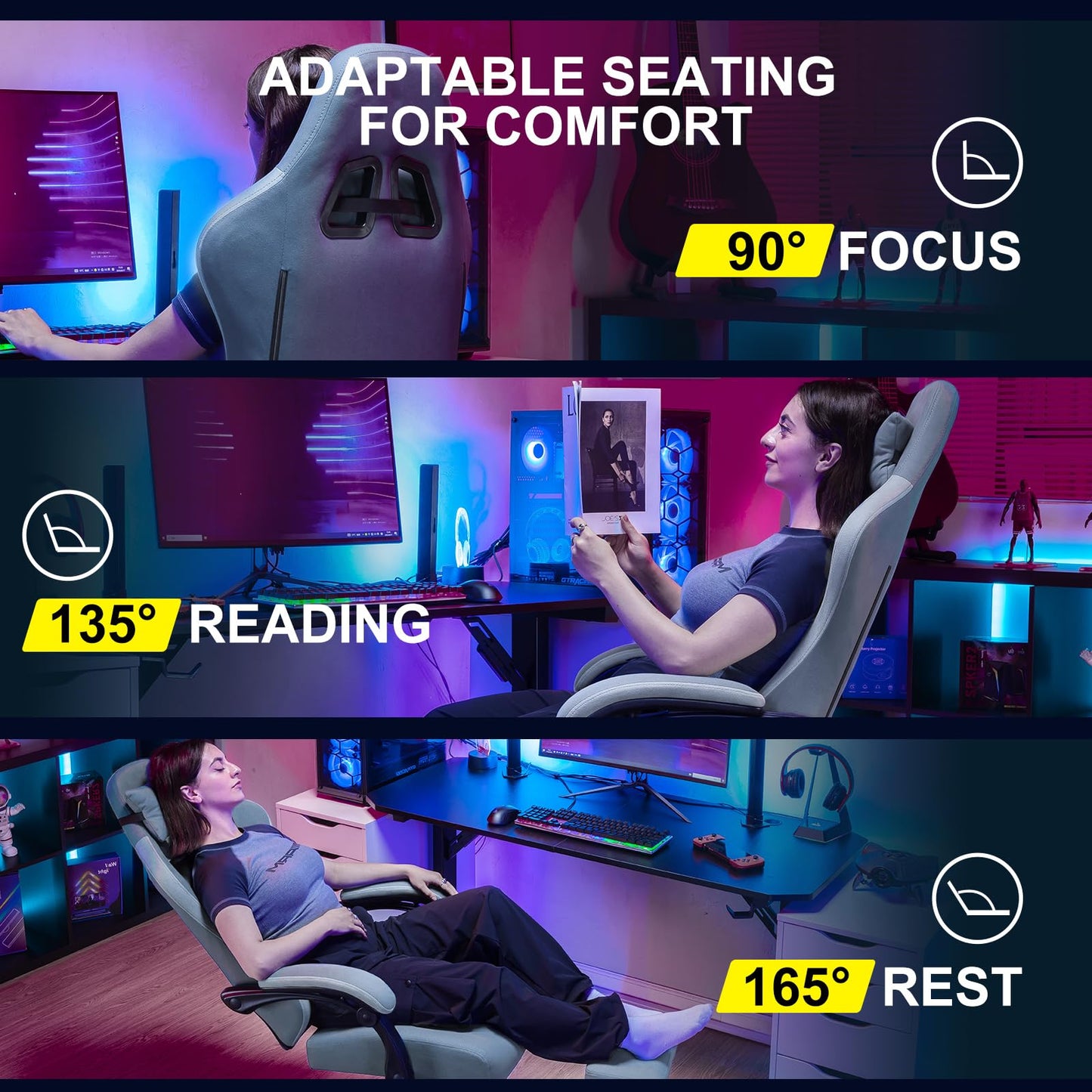 GTPLAYER Fabric Gaming Chair with Footrest, Ergonomic Computer Desk Chair with Pocket Spring Cushion Home Office High Back Support Lumbar Support Heavy Duty Wide