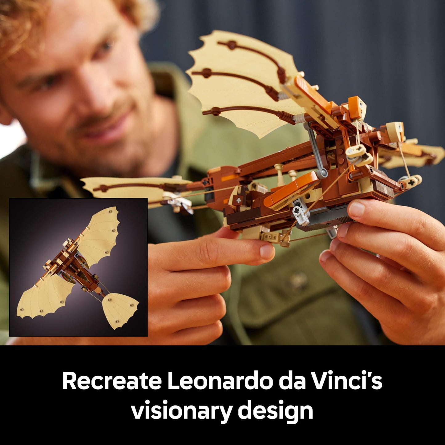 LEGO Icons Leonardo da Vinci's Flying Machine model kit displayed on a desk, showcasing intricate design and details.
