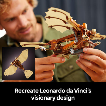 LEGO Icons Leonardo da Vinci's Flying Machine model kit displayed on a desk, showcasing intricate design and details.