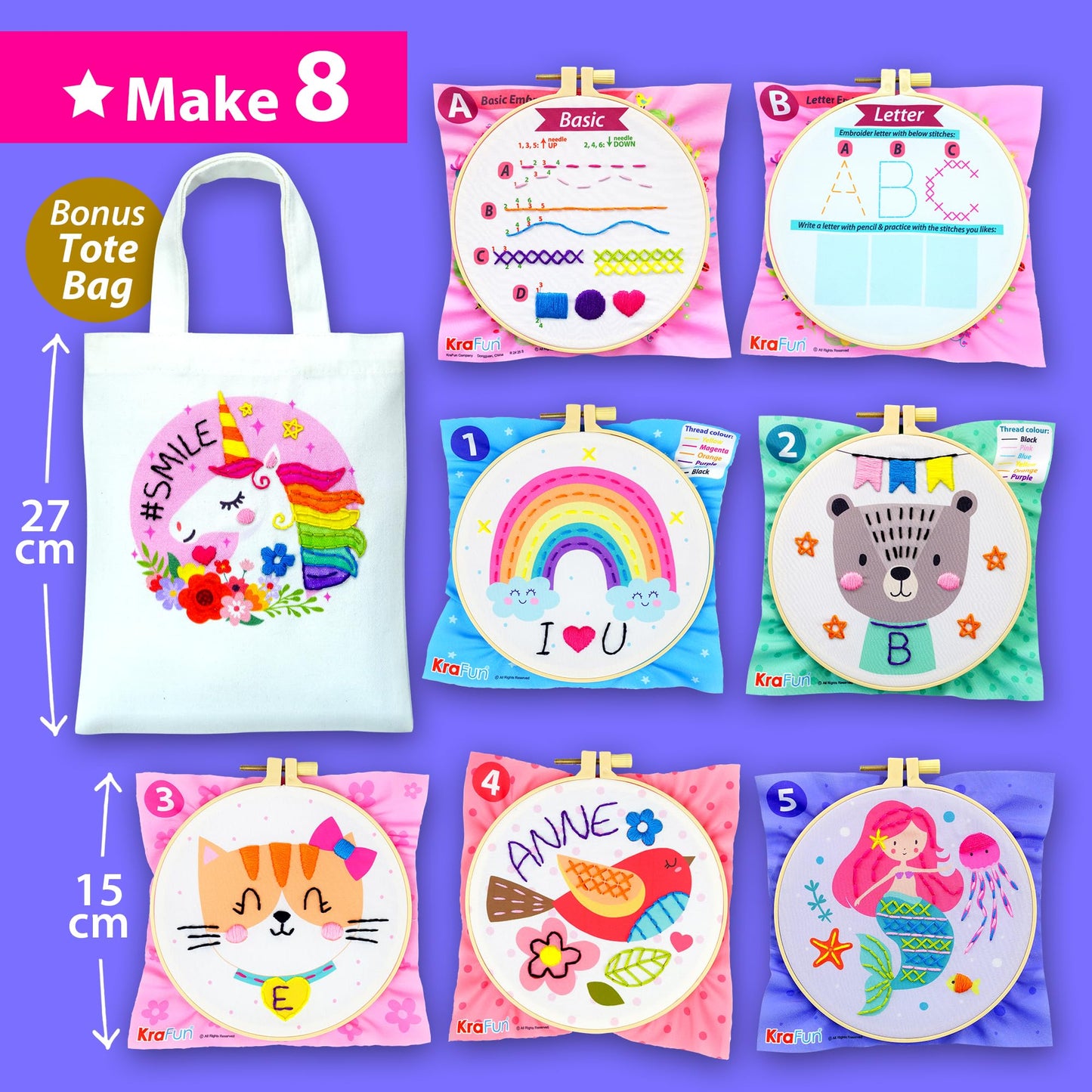 KRAFUN Beginner Embroidery Kit for Kids & Teens Ages 7-12, Simple Patterns with Hoop, Cloth, Threads, Instructions, Educational Craft Gift for Learning Stitches