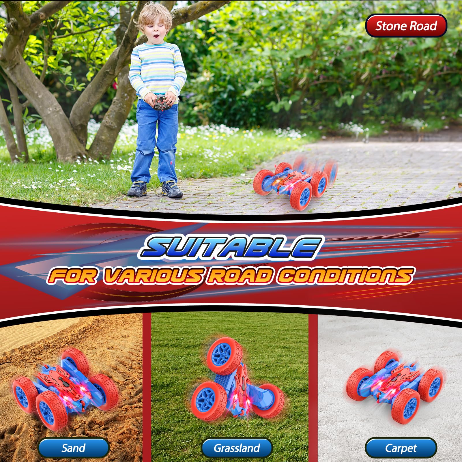 Dreamlandia remote control car with 360 flips, LED headlights, 4WD, 2.4GHz, suitable for kids 3-9, showing colorful design and wheels.