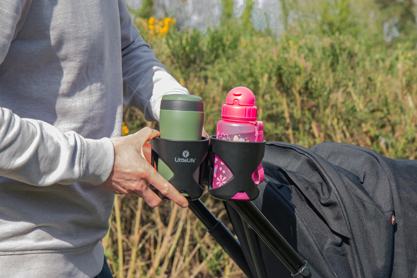 LittleLife Double Buggy And Pushchair Universal Cup Holder Adjustable Bottle Organiser for Stroller, Drink and Coffee Cup Holder, Double