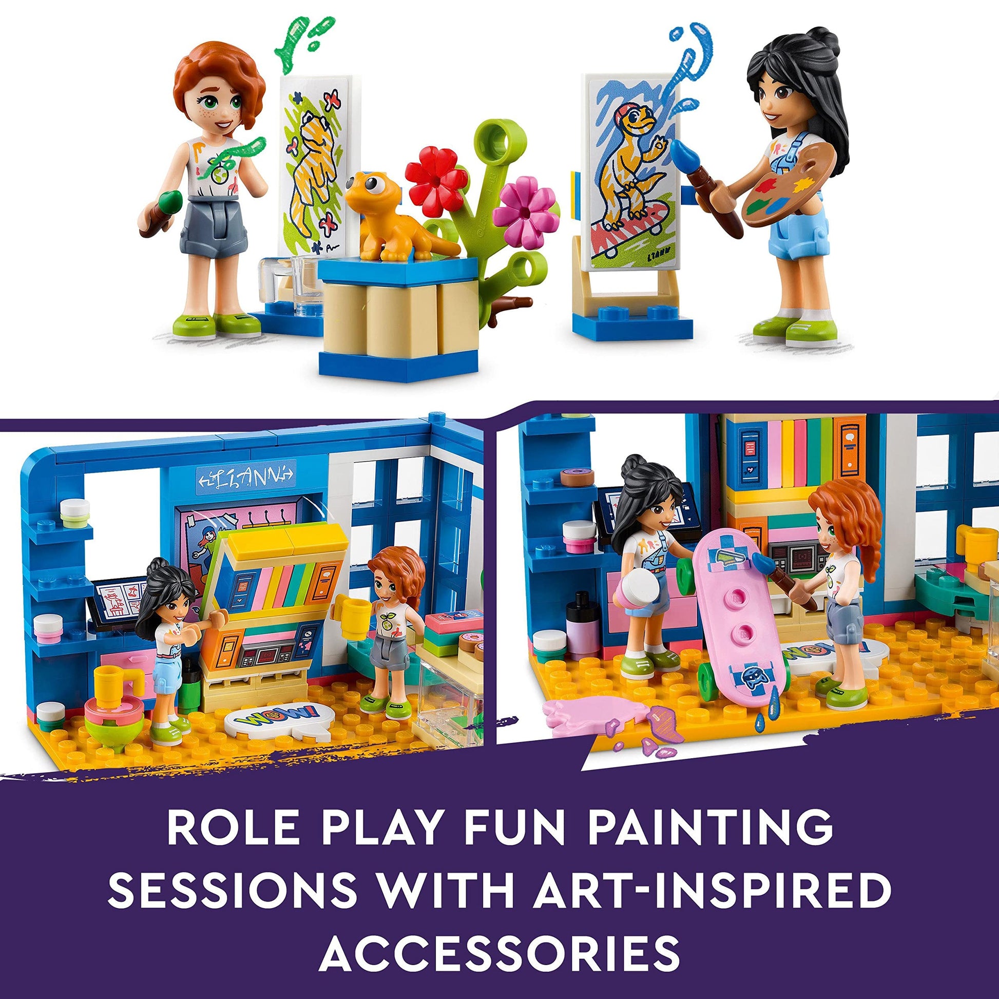 LEGO Friends Liann's Room playset featuring art-themed bedroom, mini-dolls Liann and Autumn, and a pet gecko.