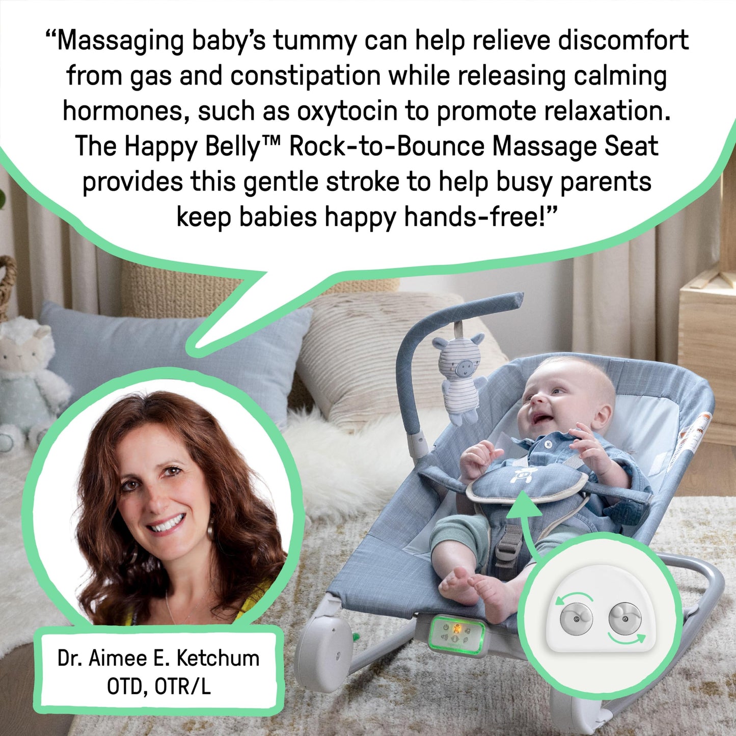 Ingenuity Happy Belly Rock-to-Bounce Seat, Music, Vibration, Detachable Toy Bar, Plush Sloth Toy, for Ages 0-6 Months, Grey - Parker