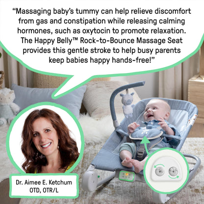 Ingenuity Happy Belly Rock-to-Bounce Seat, Music, Vibration, Detachable Toy Bar, Plush Sloth Toy, for Ages 0-6 Months, Grey - Parker