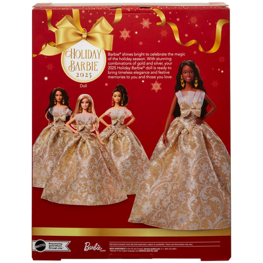 Barbie 2025 Holiday Doll with black hair in a silver and gold gown, presented in displayable packaging.