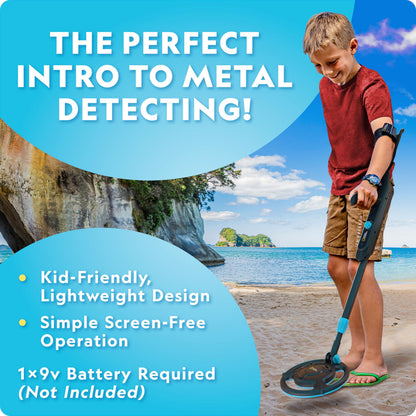 Blue Marble National Geographic kids metal detector kit with waterproof coil, trowel, ideal for gold hunting and beach exploration.