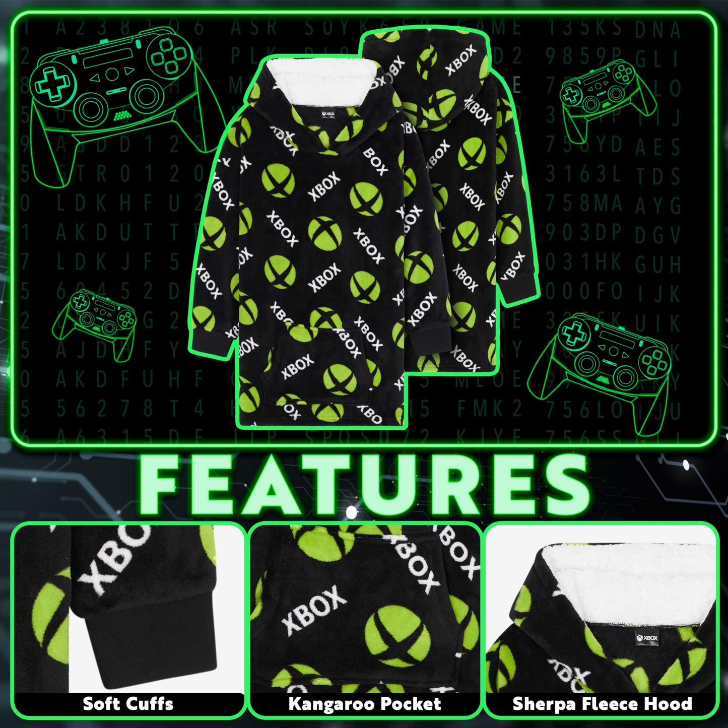Xbox fleece blanket hoodie for boys and teens, oversized cozy hoodie blanket with gamer-themed design, perfect for warmth and comfort.