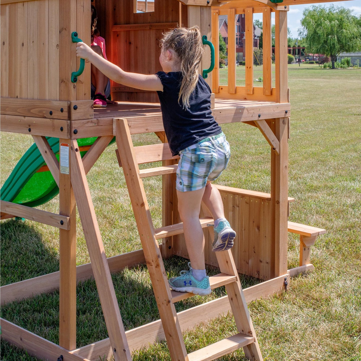 Backyard Discovery Montpelier 100% Cedar Wood Swing Set | Outdoor Playground for Kids | Garden Climbing Frame for Children | 1 Trapeze and 2 Belt Swings | 2.4m Wave Slide | Moneky Bars