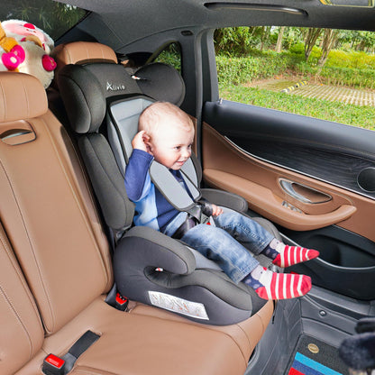 Alivio adjustable car seat for toddlers and kids, with padded soft fabric, 3-layer headrest, and recline feature for comfort.