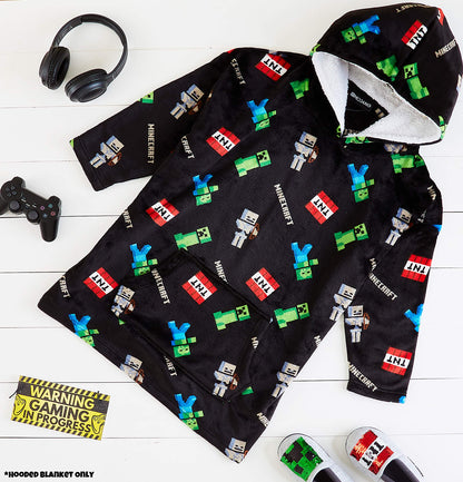 Minecraft Hoodie Blanket Boys Teens, Creeper Wearable Blanket Hooded Loungewear, Oversized Fleece Poncho, Gamer Gifts for Boys (Black)