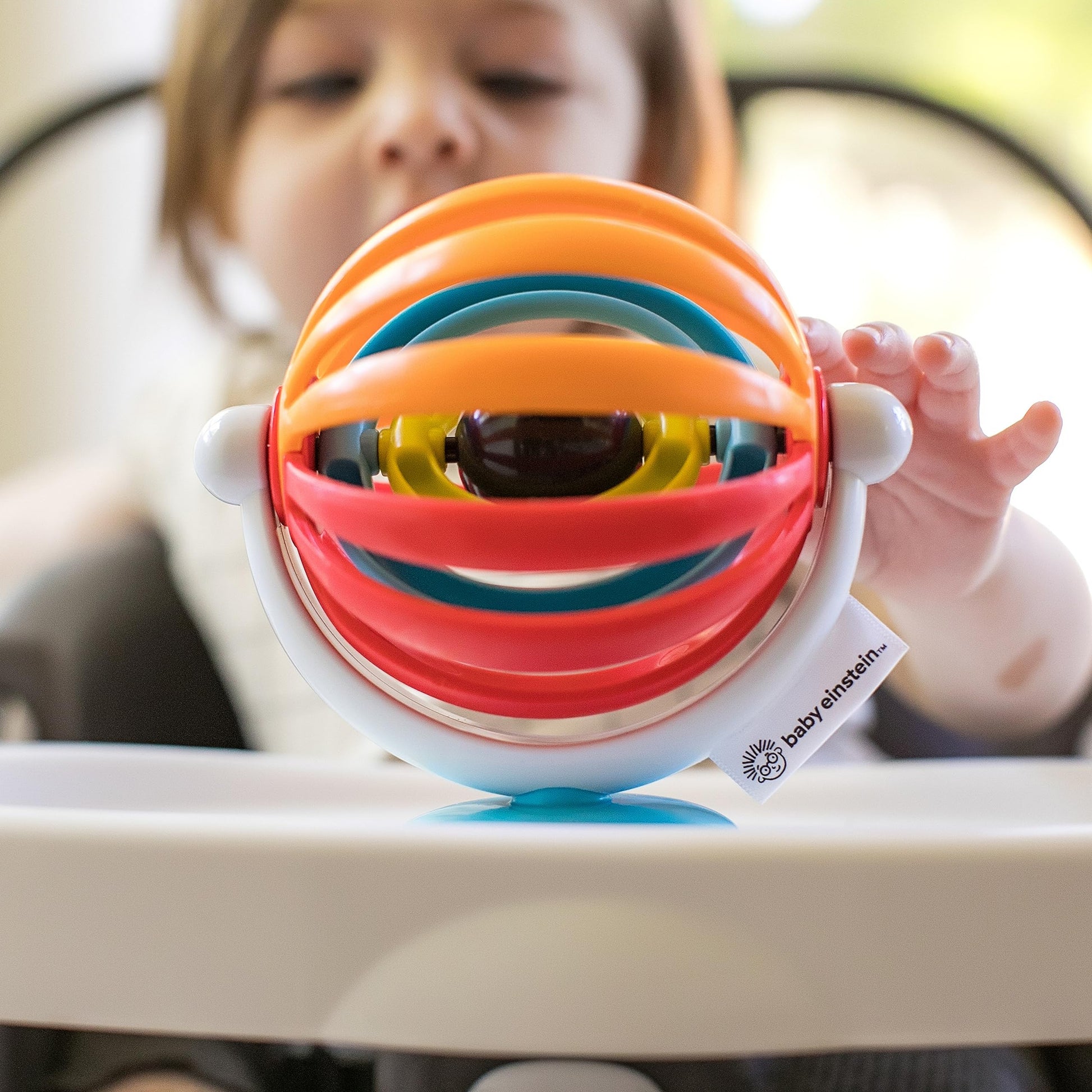 Baby Einstein Sticky Spinner booster and high chair toy with spinning wheel, rattle, sensory play, suction cup base, BPA-free for ages 3 months+