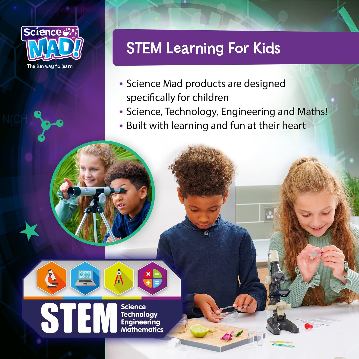 Science Mad kids microscope and telescope combo set with tripod, stand, 15x and 100x magnification for children aged 6+.