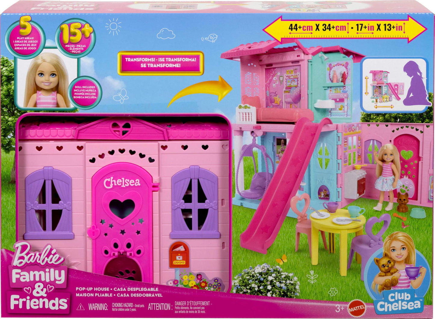 Barbie Chelsea Toy Dollhouse with 15+ Accessories, Pop-Up House Expands to 17+ x 13+ inches with 5 Play Areas & Slide, Includes Small Doll & Pet Dog, JFW49