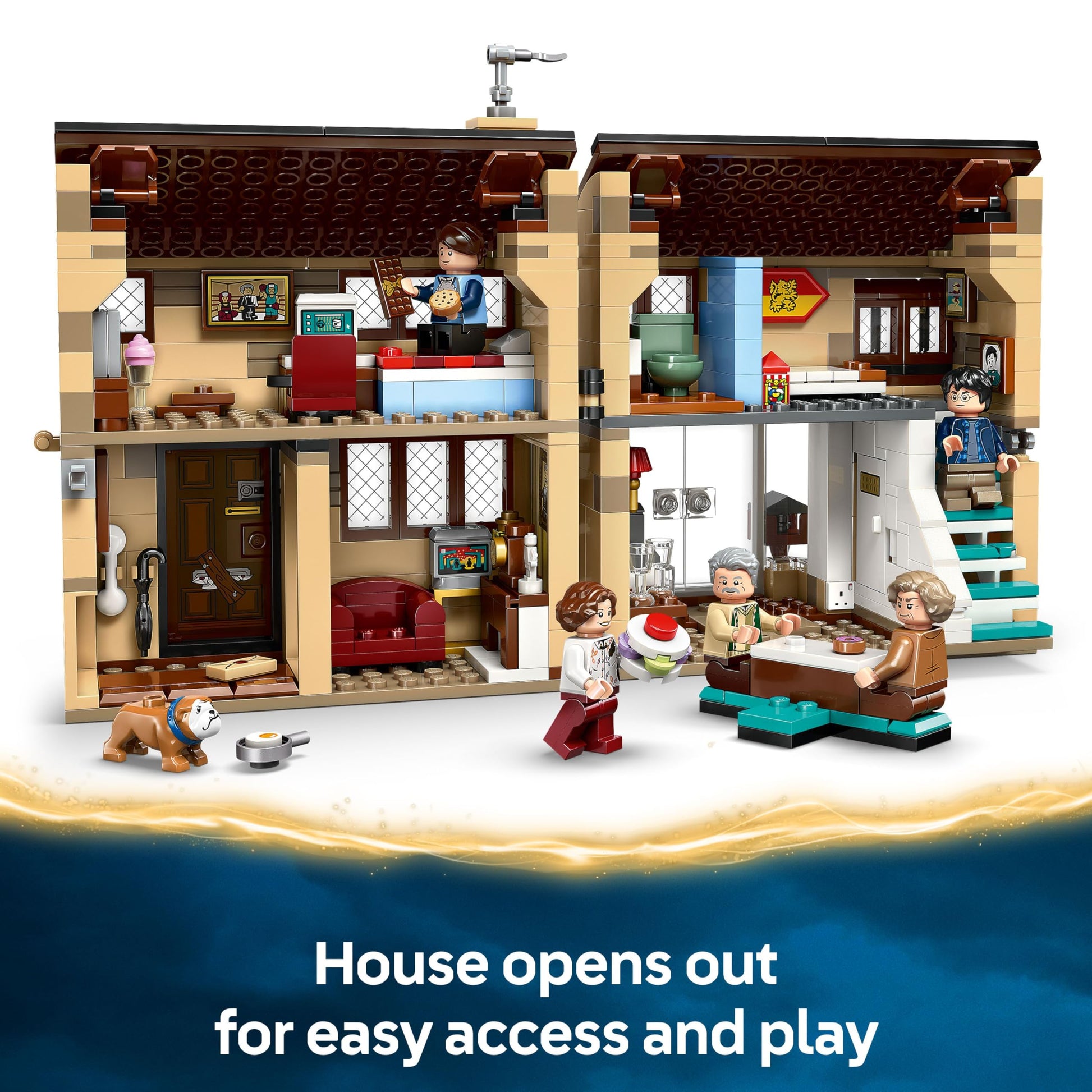 LEGO Harry Potter Privet Drive set featuring Aunt Marge's Visit, detailed interior, and five minifigures including Aunt Marge.
