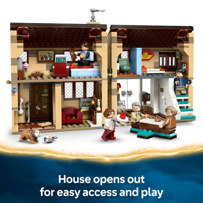LEGO Harry Potter Privet Drive set featuring Aunt Marge's Visit, detailed interior, and five minifigures including Aunt Marge.
