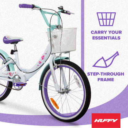 Huffy Girly Girl 20-Inch Cruiser Bike, Basket, Bell, Mudguards, Adjustable Comfort Saddle, Upright Handlebars, Single-Speed, Dual Brakes, Stylish Girls’ Bike for Ages 5-9, White & Sea Crystal