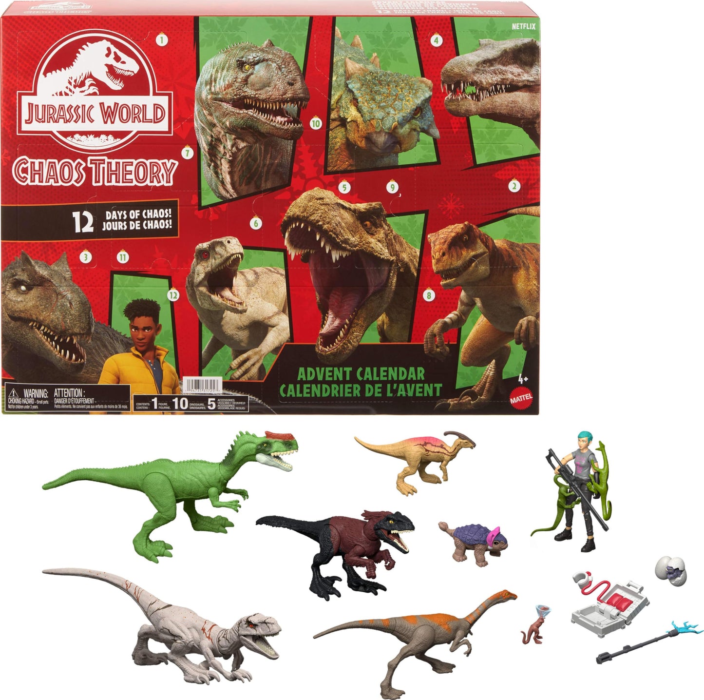 Mattel Jurassic World Chaos Theory Exclusive Advent Calendar with 12 Doors, 12 Days of Surprises, Smoothie & 8 Other Dinosaur Figures, Brooklynn Figure, JGM17
