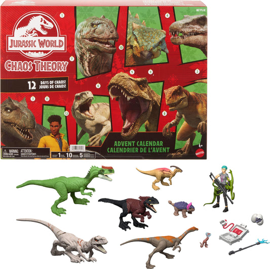 Mattel Jurassic World Chaos Theory Exclusive Advent Calendar with 12 Doors, 12 Days of Surprises, Smoothie & 8 Other Dinosaur Figures, Brooklynn Figure, JGM17