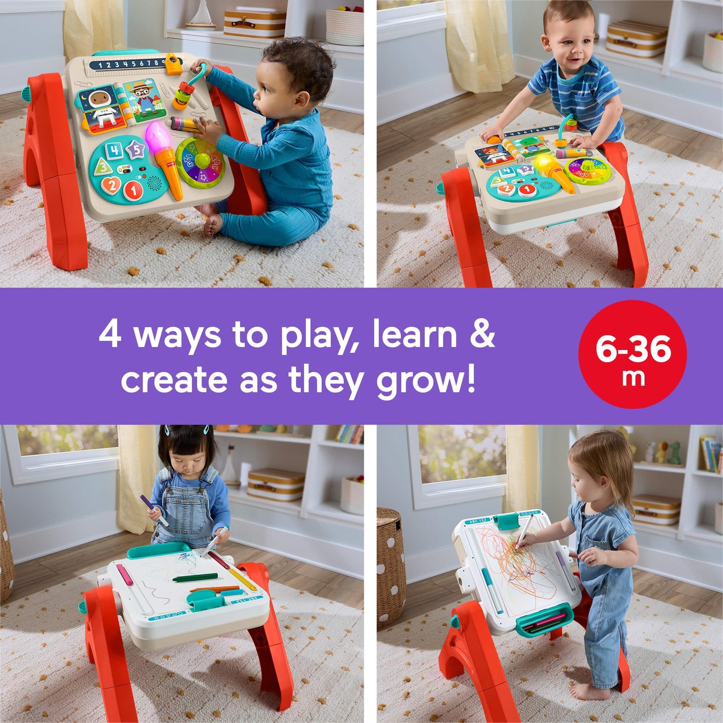 Fisher-Price Laugh & Learn 4-in-1 activity table and art easel for babies with colorful educational music and multilanguage features.