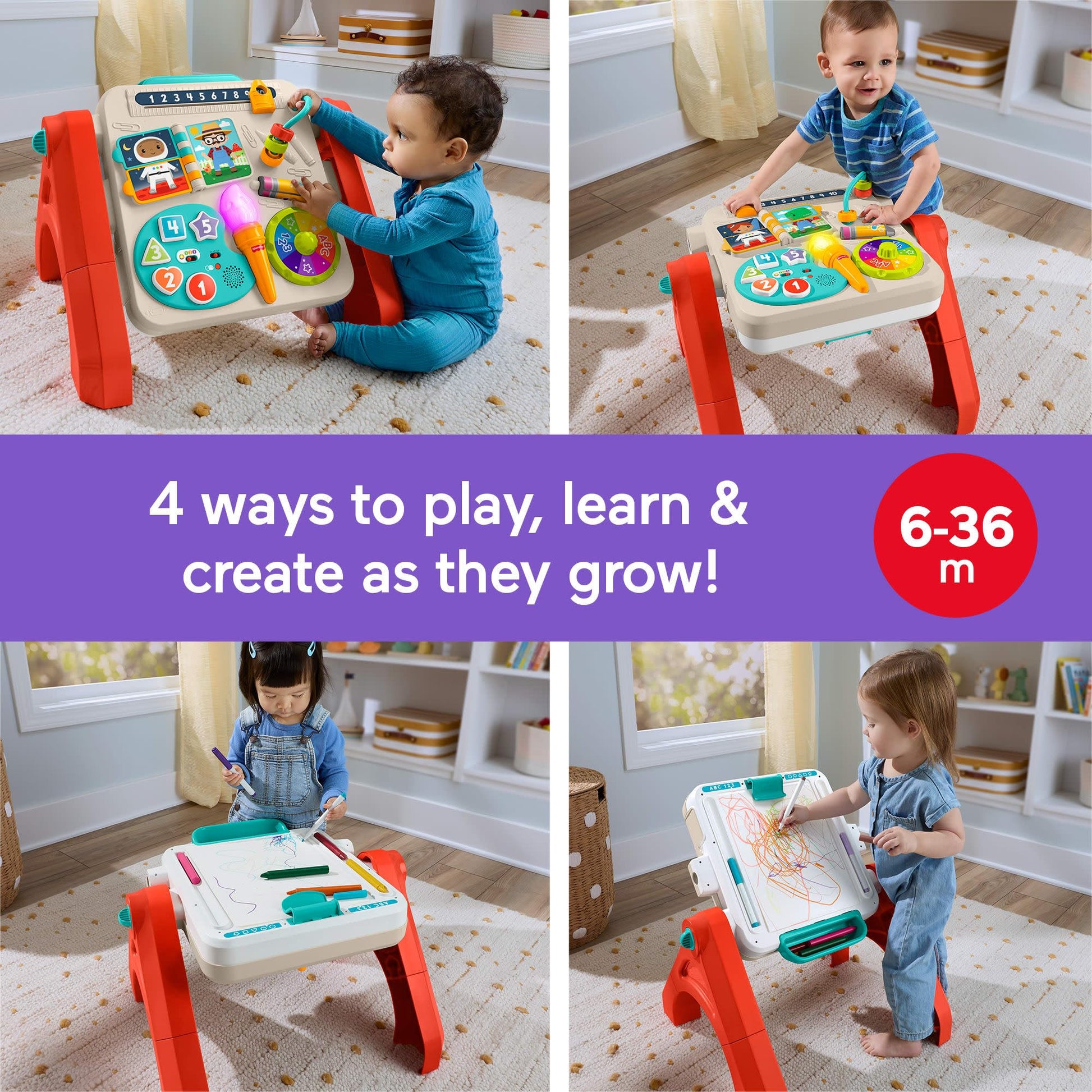 Fisher-Price Laugh & Learn 4-in-1 activity table and art easel for babies with colorful educational music and multilanguage features.