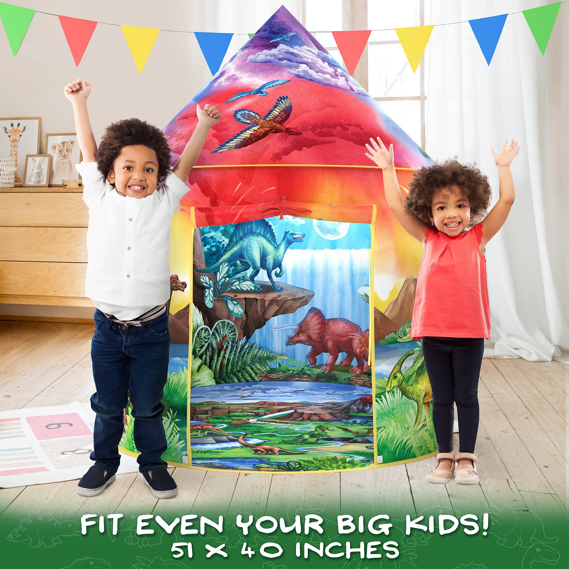 W&O Dinosaur Discovery Play Tent with roar button, pop-up design for indoor and outdoor adventures for boys and girls.
