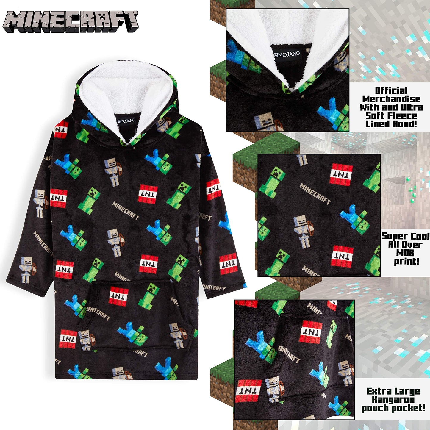 Minecraft Hoodie Blanket Boys Teens, Creeper Wearable Blanket Hooded Loungewear, Oversized Fleece Poncho, Gamer Gifts for Boys (Black)