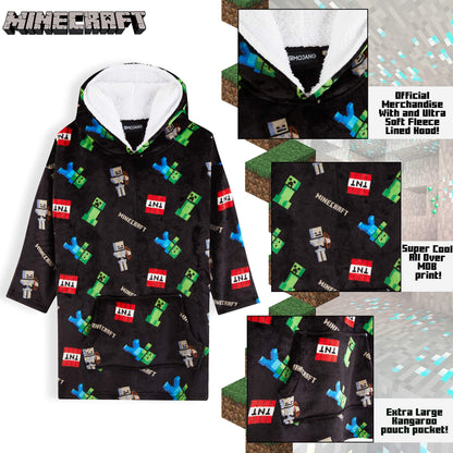 Minecraft Hoodie Blanket Boys Teens, Creeper Wearable Blanket Hooded Loungewear, Oversized Fleece Poncho, Gamer Gifts for Boys (Black)